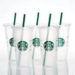 Starbucks 24oz/710ml Plastic Mugs Tumbler Mermaid Goddess Reusable Clear Drinking Flat Bottom Pillar Shape Lid Straw Cups mug 0513