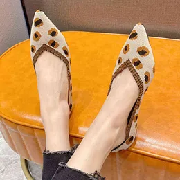 Dress Shoes 2022 Pointed Toe Leopard Ballet Flats Women Mesh Loafers Knitted Moccasin Shallow Slip on Boat Pregnant Plus Size 220512