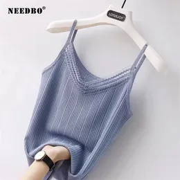 Needbo Sexy Summer Women Lace Tank Top Fashion Ladies Ärmlös Slim Crop V Neck Solid Kläder Tankar 220318