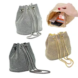 Luxury Rhinestone Ladies Diamante Drawstring Evening Bag Large Capacity Female Party Purse Bucket Tote Bag Dinner Wedding Clutch Handbag