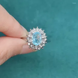 Anéis de casamento Luxo Europa Europa America embutida azul oval oval cúbico zircônia moda 925 jóias ajustáveis ​​de prata para mulheres eternidade ringwedding