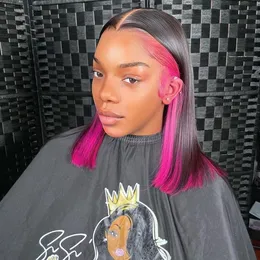 Short Bob Highlight Pink Human Hair Wigs Pre Plucked 13X4 Ombre Wavy/Straight Lace Front Transparent Synthetic Wig For Black Women