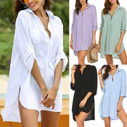 Fashion Women Swimsuit Cover Ups Shirts Ladies Bathing Suit Mini Dress Bikini Beach Tunic Tops 220524