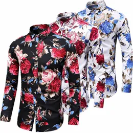 Casual skjortor Fashion Floral Mens Long Sleeve Plus Size S-5xl 6xl 7xl Flower Shirt Men Black White Red Blue Shirtmens2024Business Casu