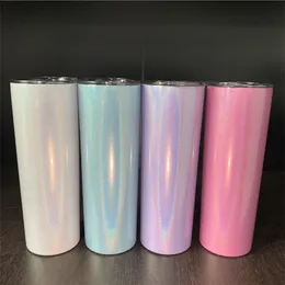 STRAIGHT! 6 Colors Sublimation Tumbler 20oz Glitter Tumblers Mugs Stainless Steel Skinny Tumber Rainbow Tumblers Vacuum Insulated Beer Coffee Mug with Straw