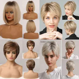 Haar Synthetische Pruiken Cosplay Henry Margu Donkere Wortel Ombre Bruin Blond Kort Haar Pruiken Pluizig Pixie-cut Synthetische Pruik voor Zwart Wit Vrouwen Hittebestendig 220225