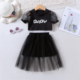 Mädchen Kinder Casual Kleidung Sets Outfits Sommer Kleinkind Brief Drucken Puff Sleeve T Tops Mesh Röcke 2Pcs Kleidung Anzug 220507