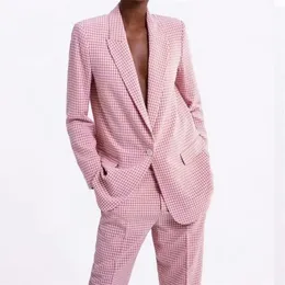 2st vårhöstkvinnor blazrar kostymer mode rosa rutiga damer kontor topppant eleganta flickor kostym kausala kläder kostym 210331