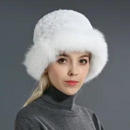 冬の帽子レディアルレックスラビットウォームキャップリアルフォックスファーブリムイヤーマフ