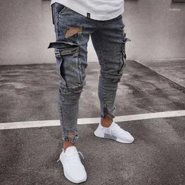 Мужские джинсы в стиле хип-хоп с карманами, эластичные рваные байкерские брюки с байкерскими отверстиями, эластичные узкие джинсовые брюки, винтажные мужские s