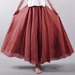 2022 Kvinnor linne bomull långa kjolar elastiska midja veckade maxi strand boho vintage sommar kjolar faldas saia a26
