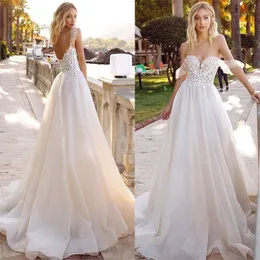 Lysande a-line spets bröllopsklänning 2022 för brud sexig backless älskling brud klänning tyll vestidos de noiva