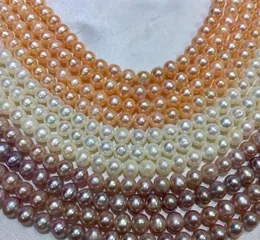 6–7 mm, weiß, rosa, lila, 100 % reine natürliche Süßwasserperlen, fast runde Perle, halbfertig, 34–36 cm, für DIY-Armband und Halskette