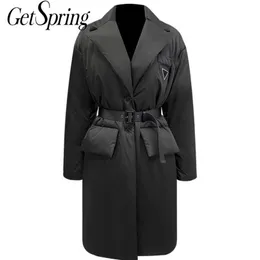 GetSpring Women Parka Womens Winter Coats Bandage Vintage Long Parka Down Jacket Woman Black Winter Overcoat Fashion 201214