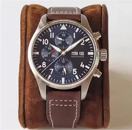 Reloj de piloto mecánico automático para hombre, acero inoxidable, zafiro, cuero marrón, esfera azul, relojes deportivos