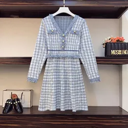 Casual Dresses 2022 Autumn Winter Fashion Elegant Vintage Houndstooth Knitted Sweater Women Ladies Runway Pull Mini Dress Robes