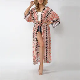 Kvinnors badkläder Summer Bikini Cover-ups Pink Boho Print Self Belted Front Open Long Kimono Dress Beach Tunic Women Swim Suit Cover Uprinsen '
