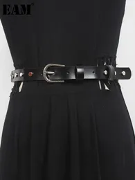 أحزمة [eam] PU LEATHER BLACK SHINE SPLICE WIDE BELL Personal