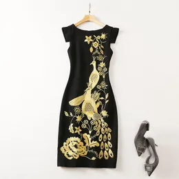 2022 Summer Cap Sleeve Round Neck Black Floral Gold Phoenix Peacock Embroidery Split Mid-Calf Dress Elegant Casual Dresses 22Q192317