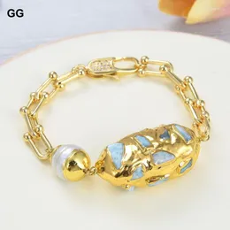 Beaded Strands GuaiGuai Jewelry Natural White Pearl Blue Larimar Rough Gold Color Plated Chain Olive Shape Bracelet 8" CZ Clasp For Wom