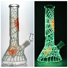 Venta al por mayor Spider Web Bong Hookahs Glow in the Dark Straight Type Style Tubería de agua 18.8mm Articulación hembra con recipiente de vidrio y plataformas difusas de aceite de tallo descendente GID02