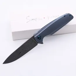 Högkvalitativ SMKE Knives Spectre Pocket Folding Knife Damaskus Blade Blue Anodised Titanium Handtag Taktisk Survival Knife Outdoor Tools