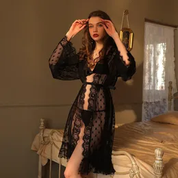 Damen-Nachtwäsche, schwarzer Gaze-Punkt-Bikini-Set, Wimpern-Spitze, transparente Kimono-Robe mit Gürtel, Homewear, Schlaf-Frauen, sexy Roben, Bademantel, Nachthemd