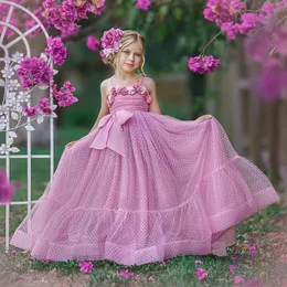 Vestidos de flor de flor de praia boho rosa para flaghetti de casamento tiras bohemian para criança vestidos de concurso tule tule tule 3d comprimento de piso do chão vestido de aniversário infantil