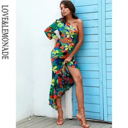 Lovelemonade sexy folga ombro cintura corte babados puff manga verão folha impressão praia midi vestido LM82998-A 220507