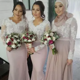 2022 Tozlu Pembe Denizkızı Nedime Elbiseleri Bir Çizgi V Taraklı Boyun Uzun Kollu Dantel Hizmetçi Onur Elbisesi Özel Yapımı Beach Boho Düğün Partisi Resmi Giyim Vestidos