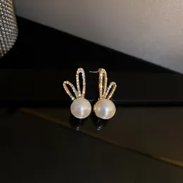 S3046 Fashion Jewelry S925 Silver Post Stud Earrings Faux Pearl Cute Sweet Rhinestone Rabbit Ear Earrings