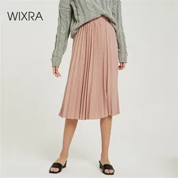 Wixra New Solid Pleated Skirts High Waist A Line MidCalf Skirt Summer Autumn Ladies Bottom T200324