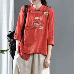 Spring Arts Style Women Vintage Button Stand Collar Loose Shirts Cotton Linen Embroidery Blouse Femme Blusa Plus Size S700 210326