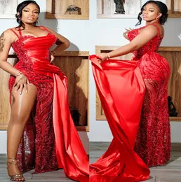 2022 Plus Size Arabic Aso Ebi Red Luxurious Sparkly Prom Dresses Pärlad mantel på kvällen Formell parti andra mottagning födelsedagsengagemang klänningar klänning xj77