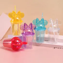 Plastic Summer Water Cup Bowknot Tie Lids Double Layer Tumbler with Straws Girls Water Juice Drinkware GCE13463