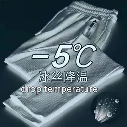 Lato Ultra-Cienka Mesh Spodnie klimatyzacji Plus Rozmiar Luźny ICE Silk Chłodzenie Wysokie Spodnie Szybkoschnące Dresy dresowe 220325