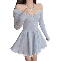 Lässige Kleider süß für Frauen 2022 Sommer Spitzenbesatz V-Ausschnitt Langarm A-Linie Kleid Lolita-Stil Y2k Mode Kawaii Mädchen Outfits blau