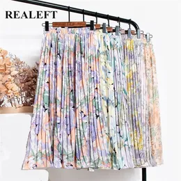 REALEFT Vintage Floral Printed Tulle Pleated Womens Skirts High Waist Loose Chic Female Umbrella Skirts Spring Summer 210311