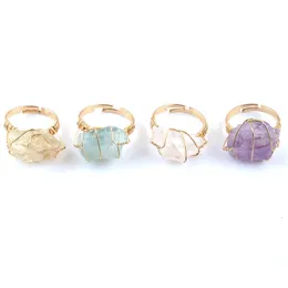 Gold-color Wire Wrap Open Rings Irregular Natural Stone Fluorite Crystal Purple Ring for Women Wedding BO904