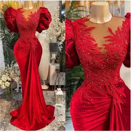 2022 Plus Size Arabic Aso Ebi Red Mermaid Lace Prom Dresses Pärled Sheer Neck Velvet Evening Formal Party Second Reception Gowns Dress B0601W7