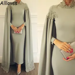 Muslim Dubai Arabic Middle East Evening Dresses With Cape Wrap Sage High Neck Lace Appliqued Prom Party Gowns Long Sleeves Moroccan Kaftan Formal Party Robes CL0568