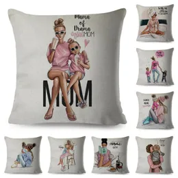 Kudde/dekorativ kuddstil Super Mom Case Decor Fashion Mama Lady Cartoon Family Series Kudde omslag för soffa Hembil 45 45 cm Pillowc