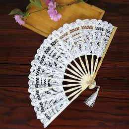 Festliga festförsörjningar vikande trä spets fläkt handgjorda bomullsspets bambu-fan handhållna fans för cosplay dans rekvisita bröllop present sn6632