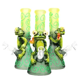 10 inches glass bong dab rig smoke water pipe hookah 3D frog HandPainting luminous items recyler tobacco smoking water pipes 14 mm Joint Size