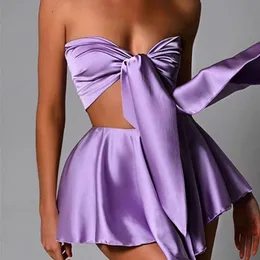 Purple Satin Womens Beach Suit With Skirt 2 Pieces Set Summer Sexy Outfits Strapless Crop Top And Mini Skirt Festival Clothing 220527