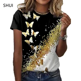 버터 플라이 레이디 Tshirt 3D 플로럴 프린트 라운드 목 캐주얼 틈새 디자인 감각 의류 여성 동물 시리즈 짧은 슬리브 220526
