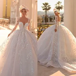 Gorgeous Wedding Dresse Bal Ball Suknia Z Długim Rękawem Backless 3D Aplikacja V Neck Długość podłogi koronki Custom Made Pearl Vestidos de Novia