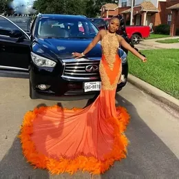 Orange Feathers Mermaid Prom Dress For Black Girls Halter Lace Appliques Backless Birthday Party Dress Long African Evening Gown BES121