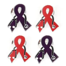 20 Pcs/Lot Fashion Red And Purple Enamel Brooches Ribbon Shape With Stethoscope Breast Cancer Awareness Medical Butterfly Pins For Nurse Accessories