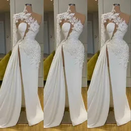 White Mermaid Prom Dresses Sexy V Neck One Long Sleeve Satin Appliques Sequins Plus Size Luxury Prom Gowns Side Slit Floor Length Custom Made Evening Gown